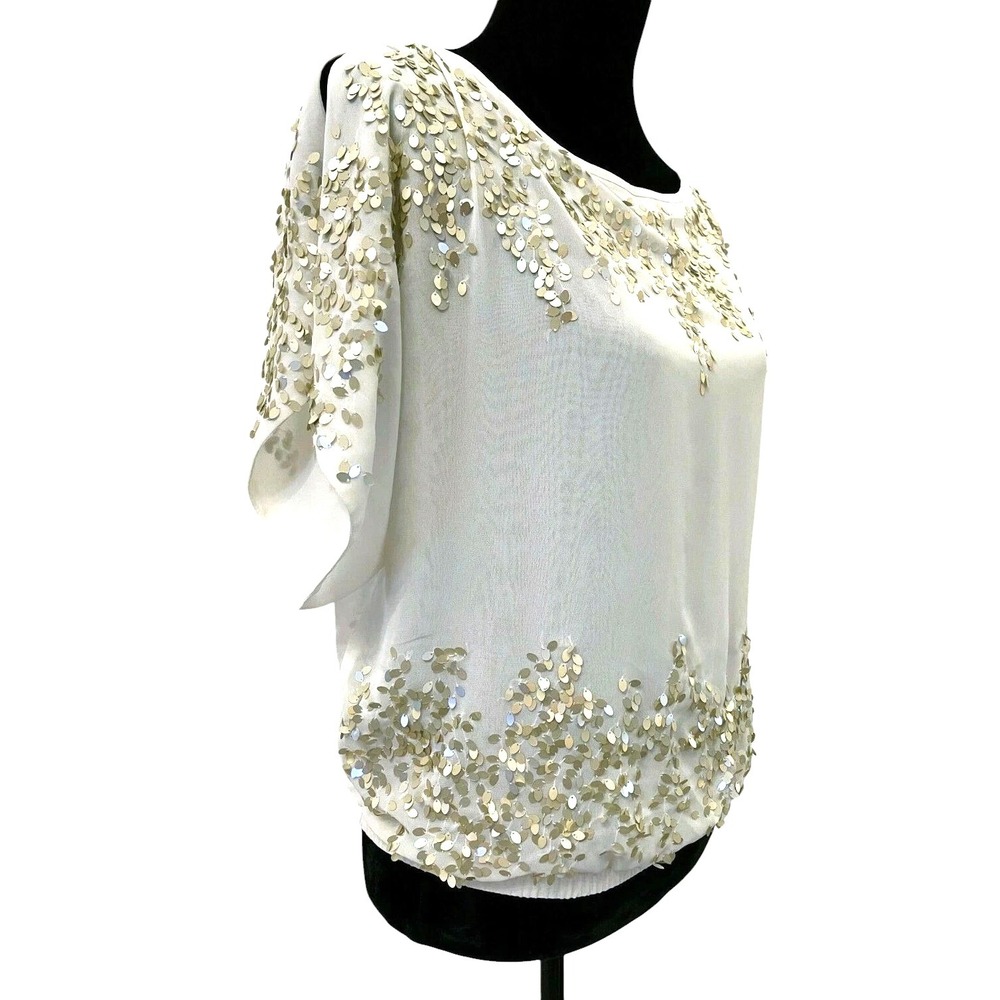 Cache Womens Cold Shoulder Dolman Blouse Top Size XS Cream Chiffon Sequin Trim - Picture 7 of 12